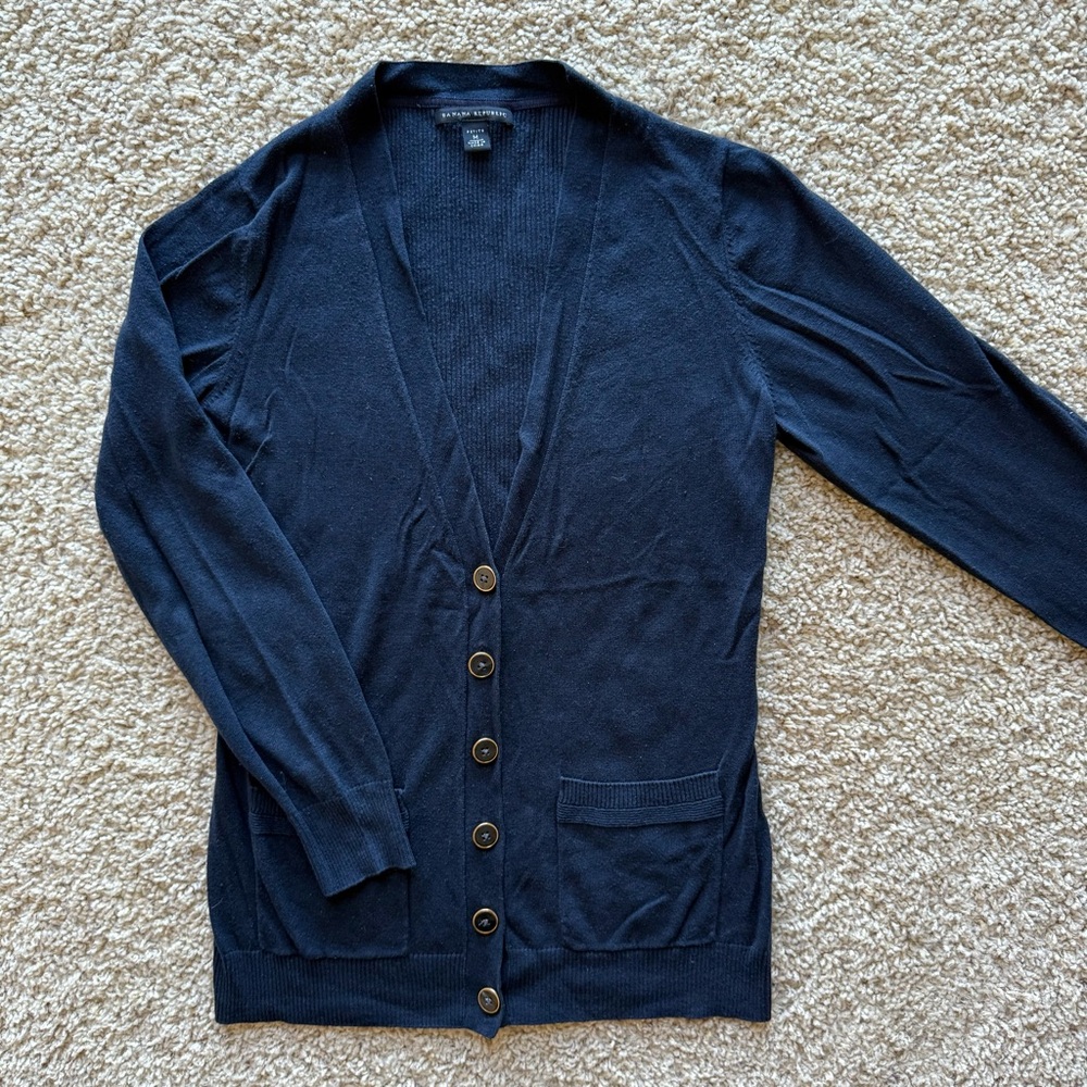 Banana Republic Silk Blend Navy V-Neck Button Up Cardigan Sweater